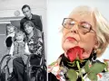 Adrianna Godlewska z rodziną na starym zdjęciu i jako starsza pani z różą.