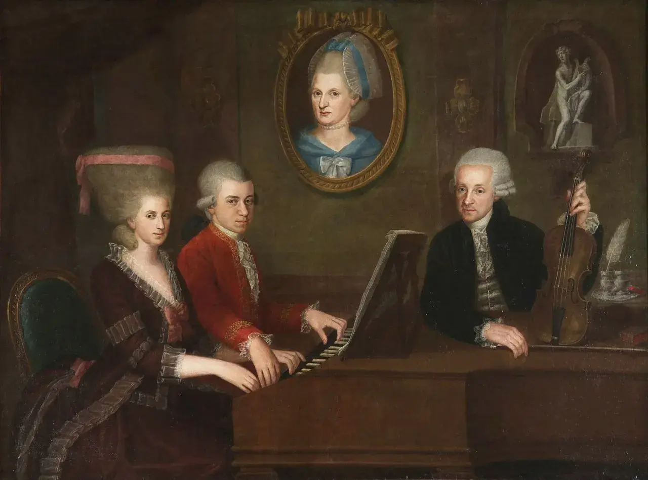 Rodzina przy fortepianie. Zastanawiamy się, ile lat żył Mozart, gdy powstawał ten obraz.
