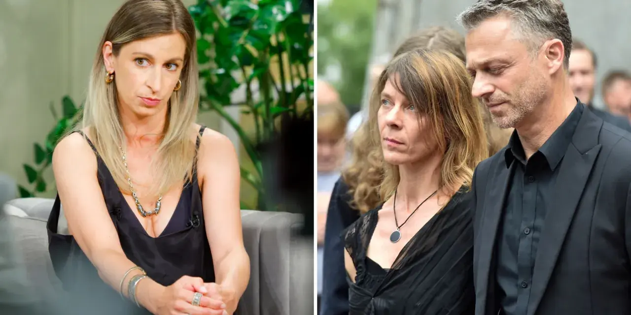 Dominika Laskowska w czarnej sukience i mężczyzna w garniturze, oboje zamyśleni.