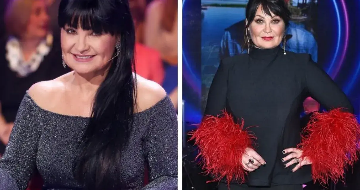 Iwona Szymańska-Pavlović w błyszczącej sukni i czarnej kreacji z piórami.