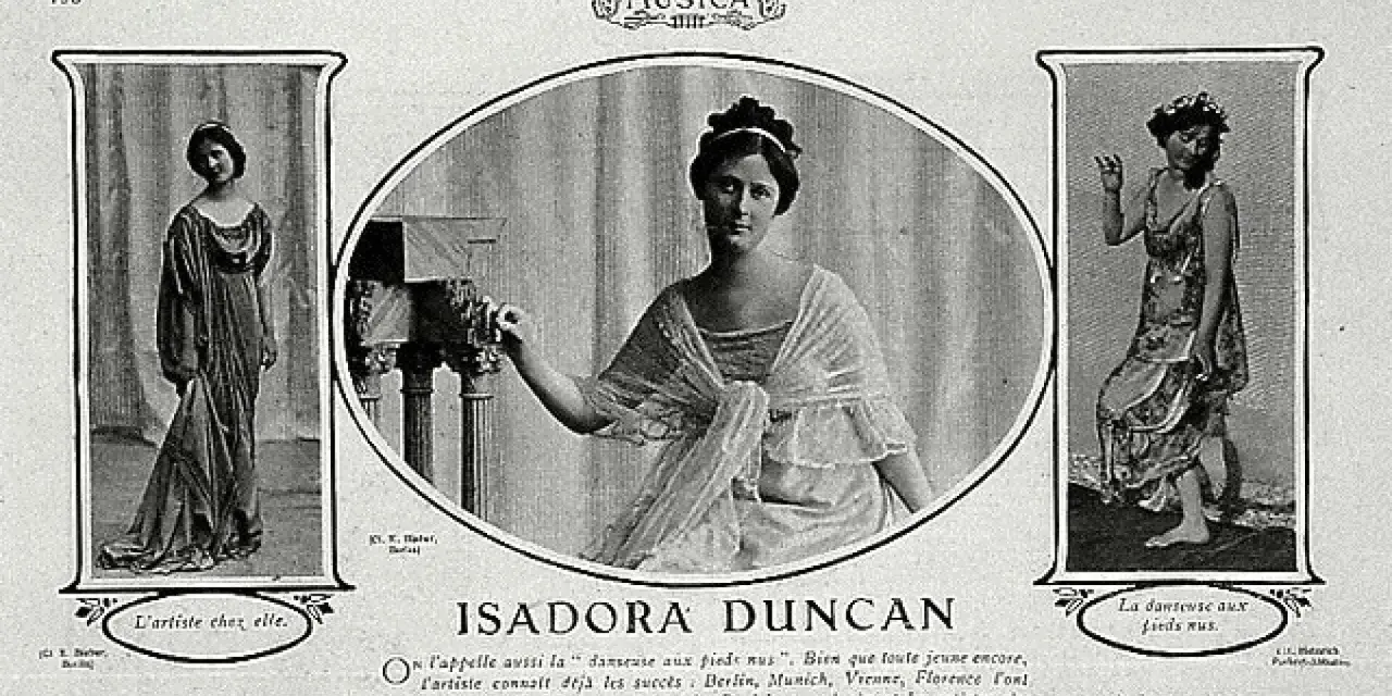 Isadora Duncan, tancerka boso, w trzech odsłonach: w domu, w pozie i w ruchu.