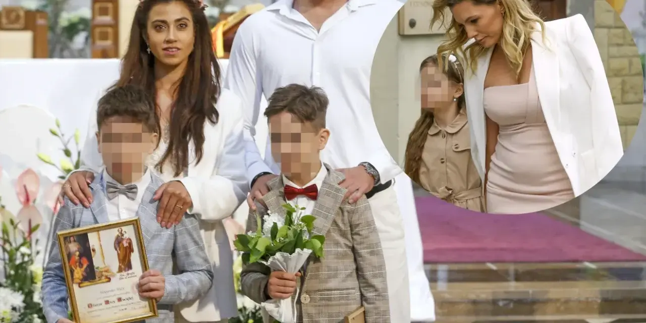 Aleksander Hyży z rodziną podczas uroczystości. Dzieci w eleganckich strojach, mama w wianku, a w tle wstawka z kobietą i dziewczynką.
