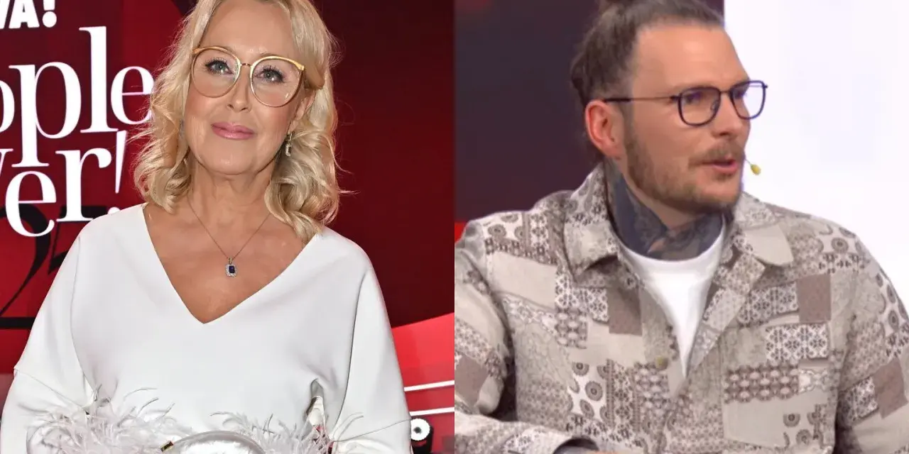 Polskie gwiazdy: Kobieta w białej sukni i okularach oraz mężczyzna z tatuażami i kitką na głowie.