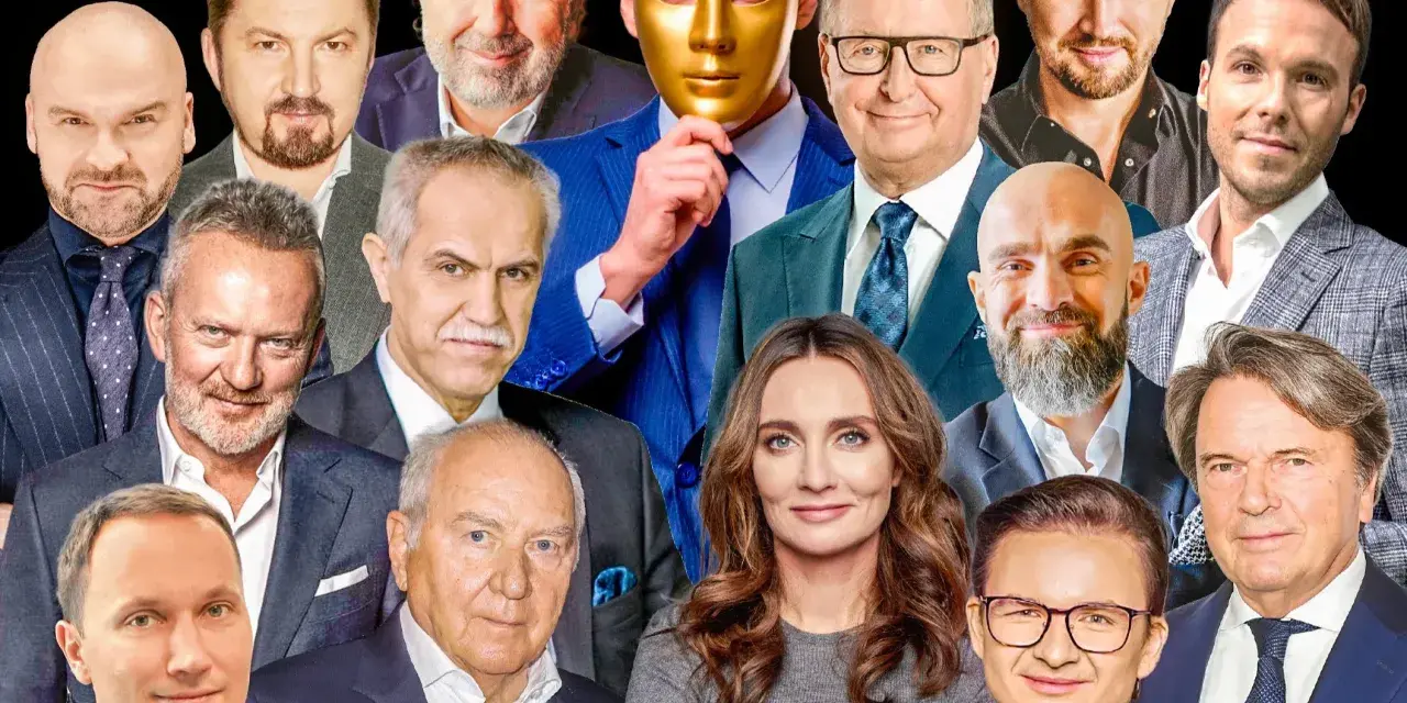 Portret zbiorowy znanych twarzy, wśród nich najbogatsi aktorzy w Polsce. Złota maska skrywa jedną z postaci.