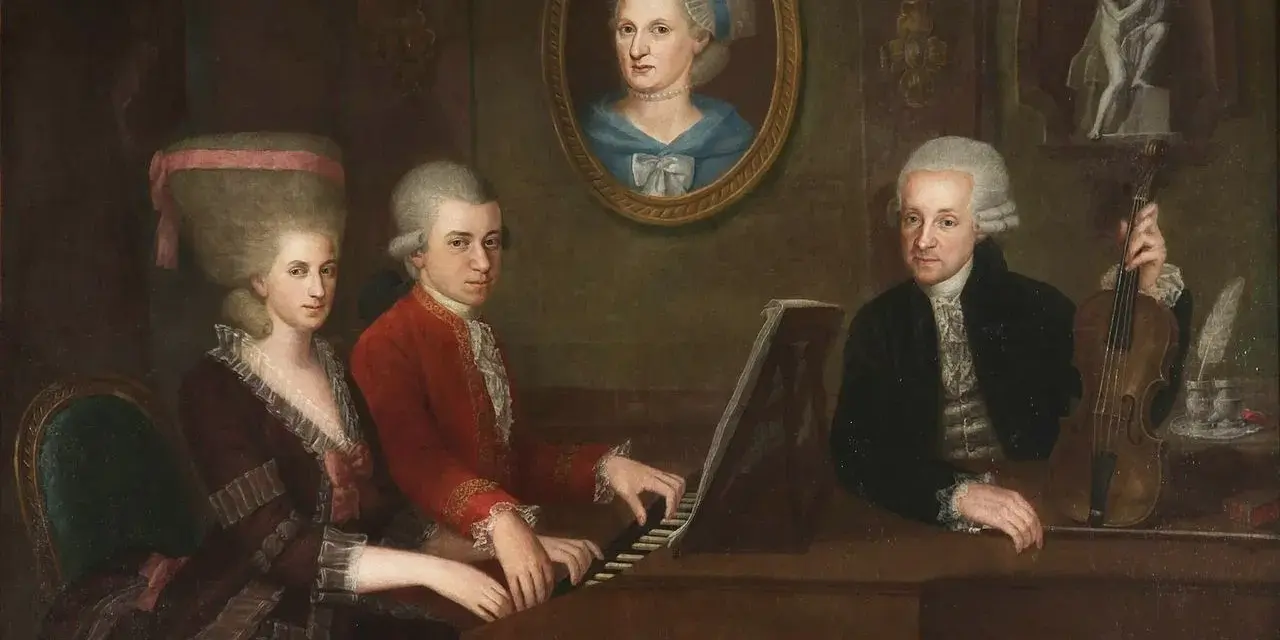Rodzina przy fortepianie. Zastanawiamy się, ile lat żył Mozart, gdy powstawał ten obraz.