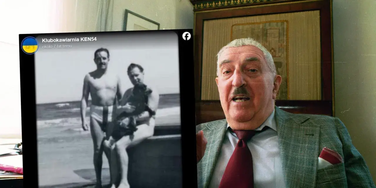 Jerzy Waldorff z bratem na plaży, obok portret samego Jerzego.