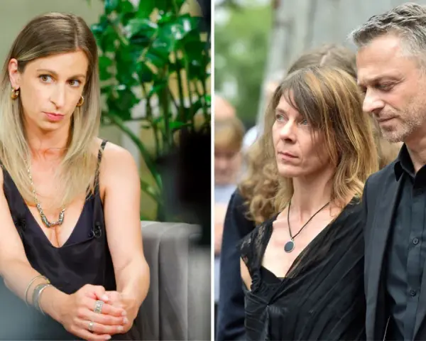 Dominika Laskowska w czarnej sukience i mężczyzna w garniturze, oboje zamyśleni.