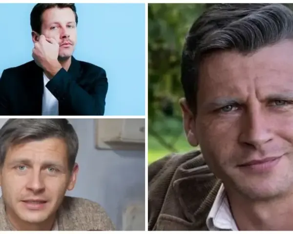 Trzy ujęcia Patryka Szwichtenberga: w garniturze na niebieskim tle, w swetrze i w brązowej kurtce na tle natury.