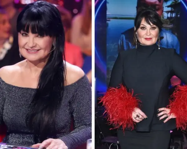 Iwona Szymańska-Pavlović w błyszczącej sukni i czarnej kreacji z piórami.