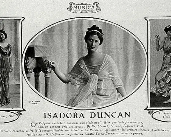 Isadora Duncan, tancerka boso, w trzech odsłonach: w domu, w pozie i w ruchu.