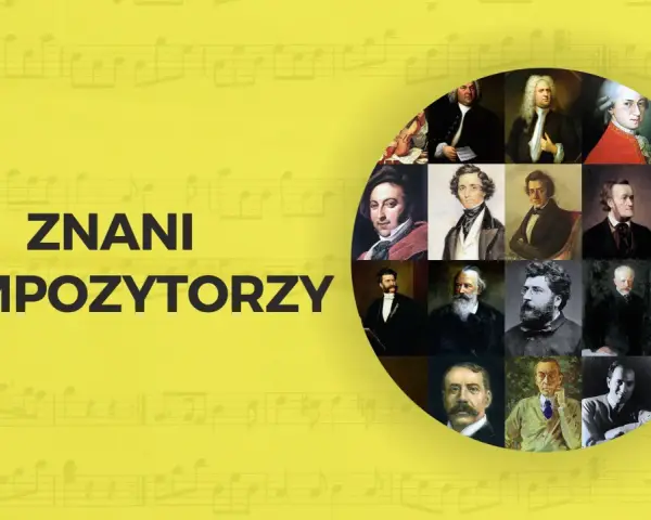 Kolaż portretów najbardziej znanych kompozytorów, od Bacha po współczesnych twórców, na tle nut.