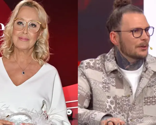 Polskie gwiazdy: Kobieta w białej sukni i okularach oraz mężczyzna z tatuażami i kitką na głowie.