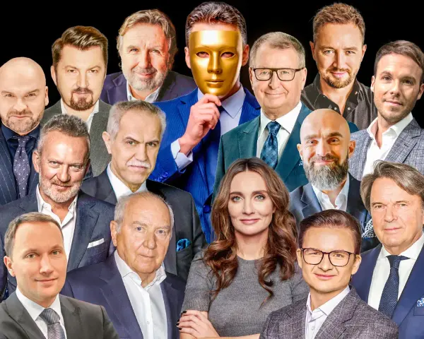 Portret zbiorowy znanych twarzy, wśród nich najbogatsi aktorzy w Polsce. Złota maska skrywa jedną z postaci.