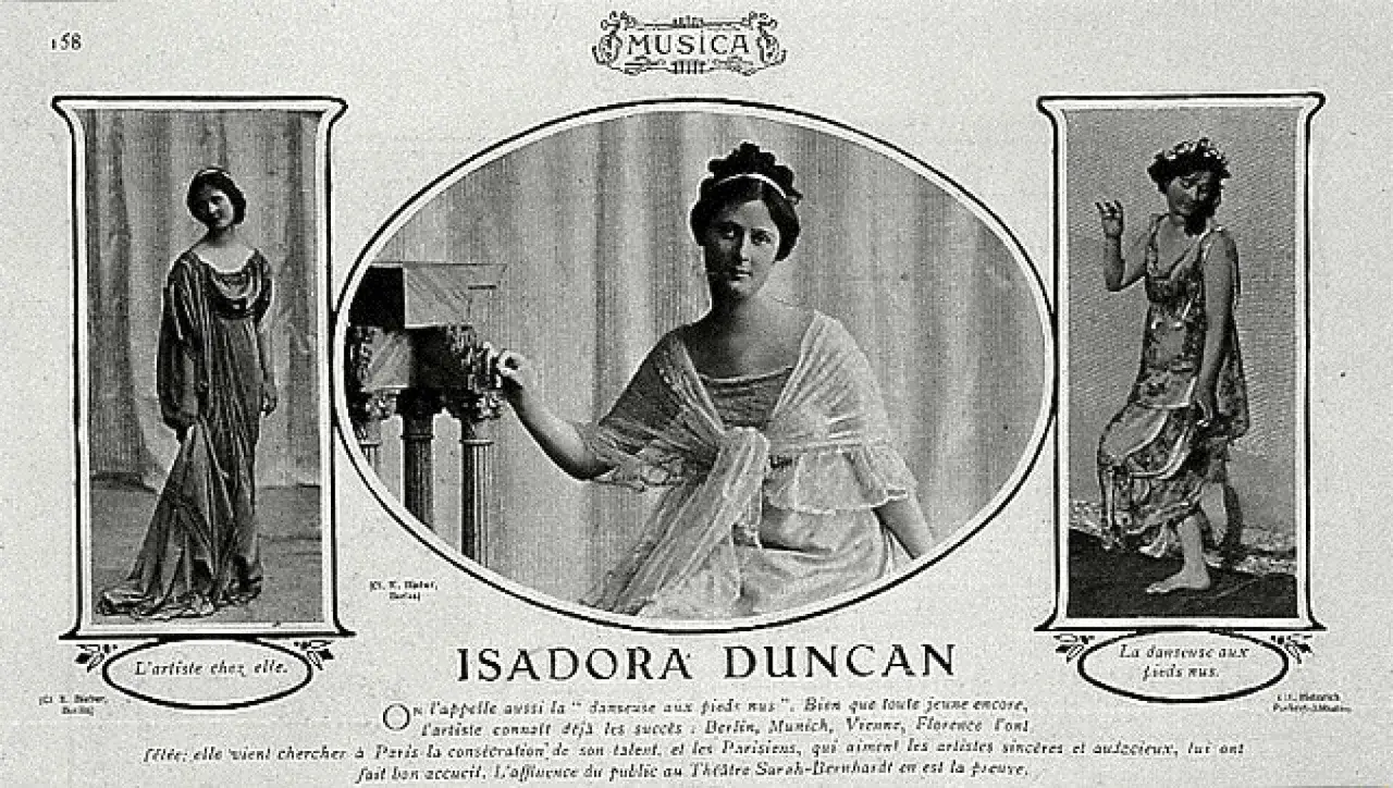 Isadora Duncan, słynna tancerka, prezentuje swoje artystyczne wcielenia. Choć nie ma tu jej dzieci, jej taniec jest jak wolne dziecko.