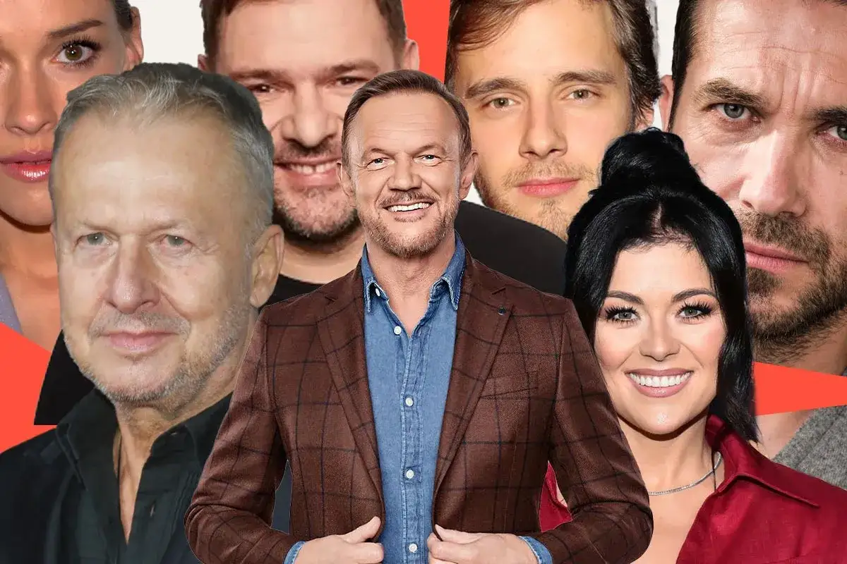 Znani polscy aktorzy serialowi w kolażu. Uśmiechnięty mężczyzna w brązowej marynarce na pierwszym planie, otoczony twarzami innych gwiazd.