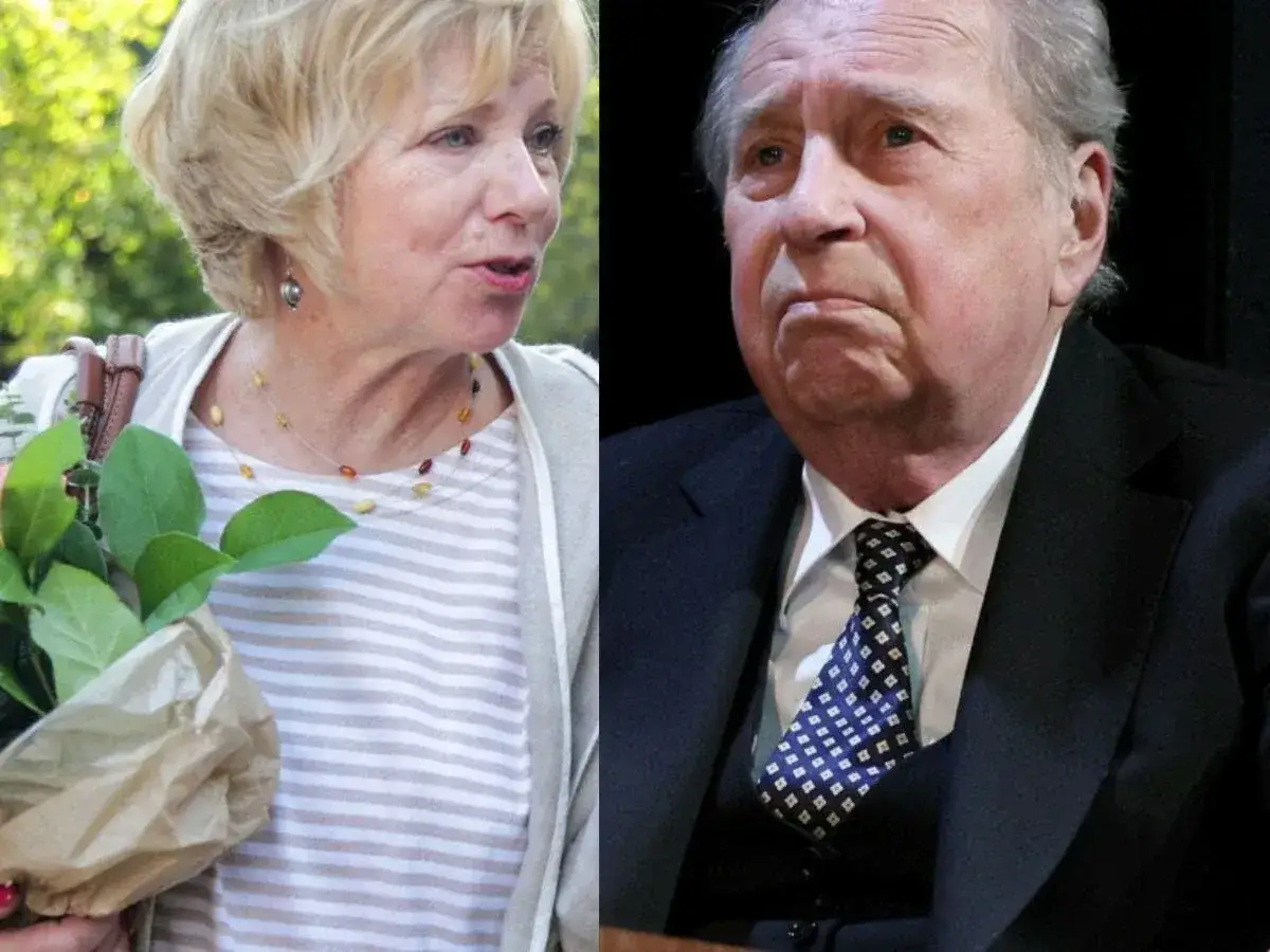 Barbara Stuhr z bukietem w ręku i mężczyzna w garniturze.