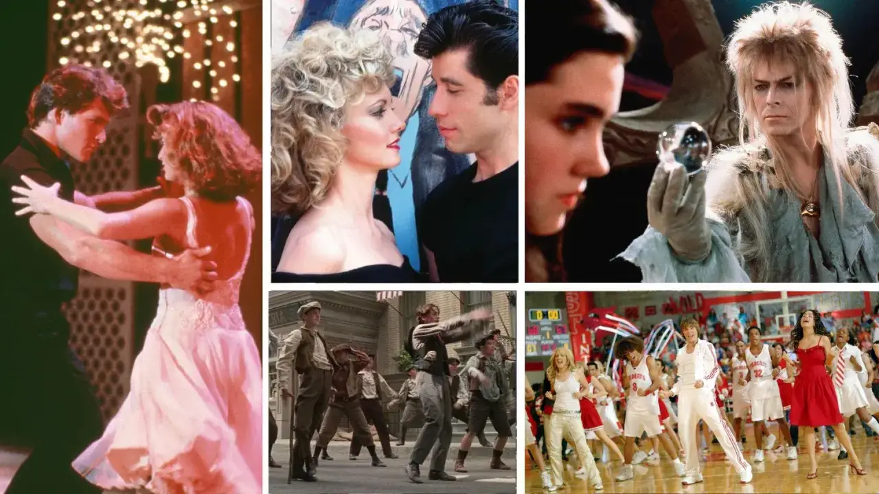 Kolaż scen z kultowych filmów o tańcu: Dirty Dancing, Grease, Labyrinth, Newsies i High School Musical.
